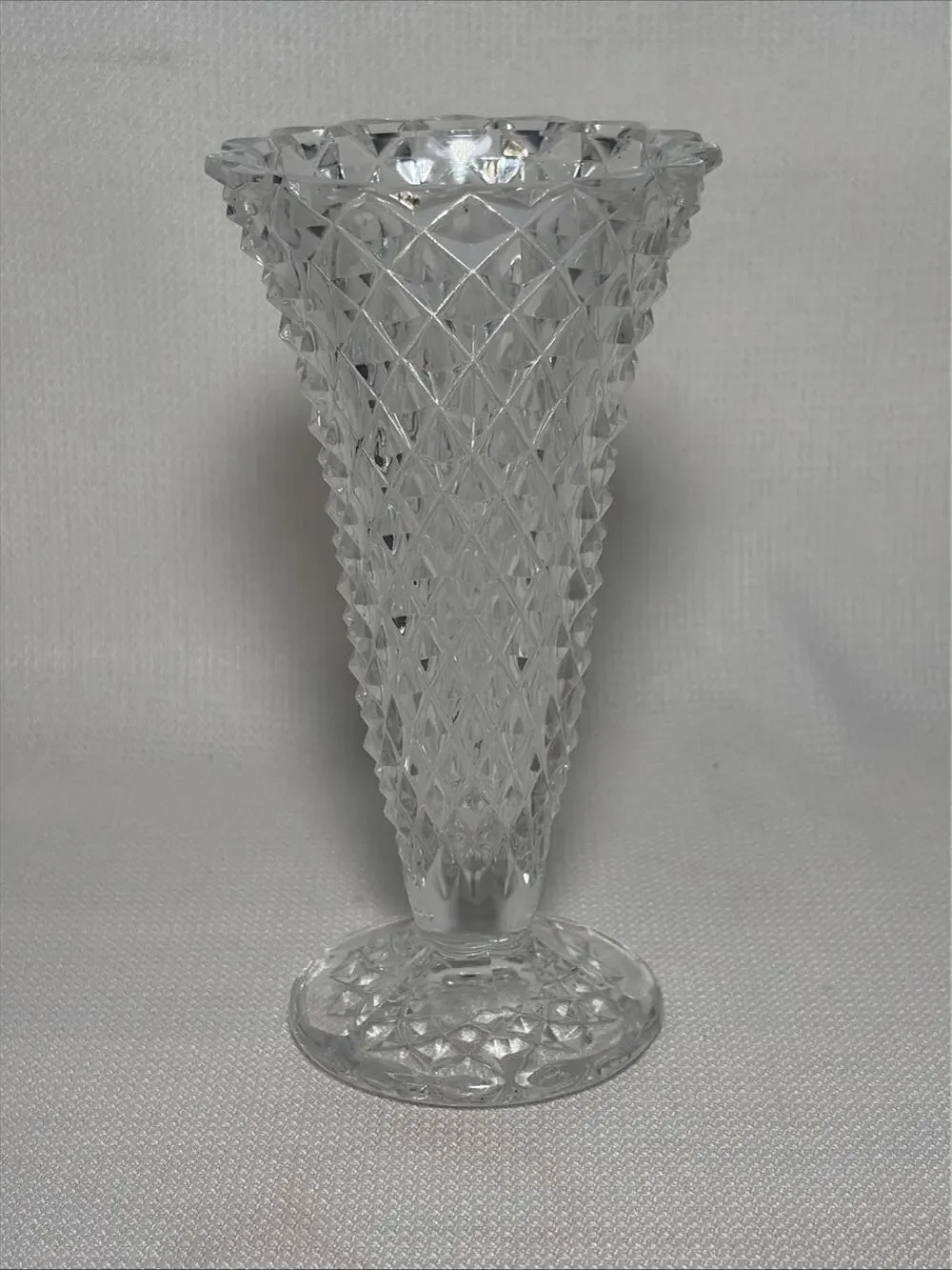 Indiana Glass Diamond Point Clear Vase Vintage Pressed Glass Floral Decor